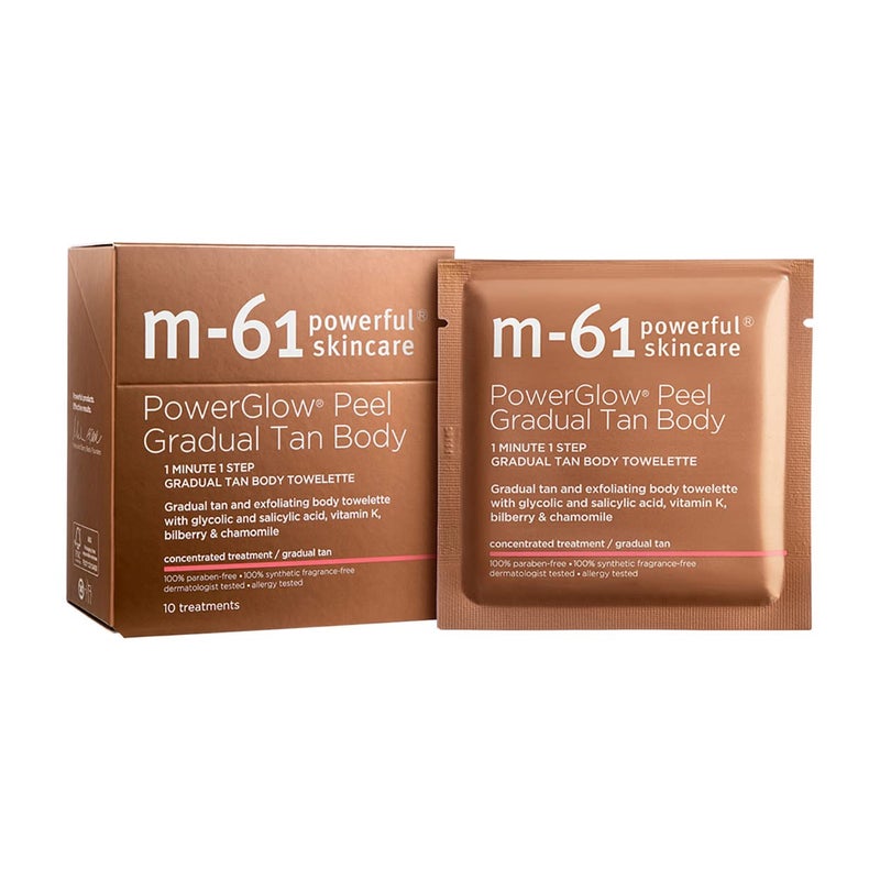 M-61 M61 PowerGlow Peel Gradual Tan Body  Gradual tan and exfoliating body towelette with glycolic and salicylic acid vitamin K bilberry  chamomile 