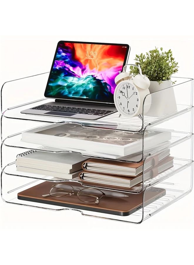 4 قطع منصات تخزين ورق A4 الأكريليكية البيضاء القابلة للتكديس لتنظيم المستندات والمجلدات على المكتب - Image 1