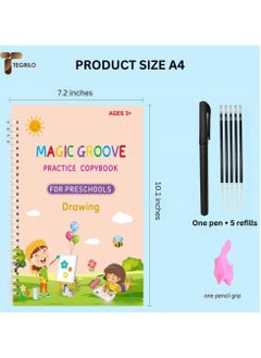 TEGRILO Handwriting Copybook Magic Calligraphy Practice Book For Kids, Reusable Tracing Practice kit. Included Easy Grip Pen & Refill 4 books Math Numbers English Alphabet Drawing (A4)  - Image 2