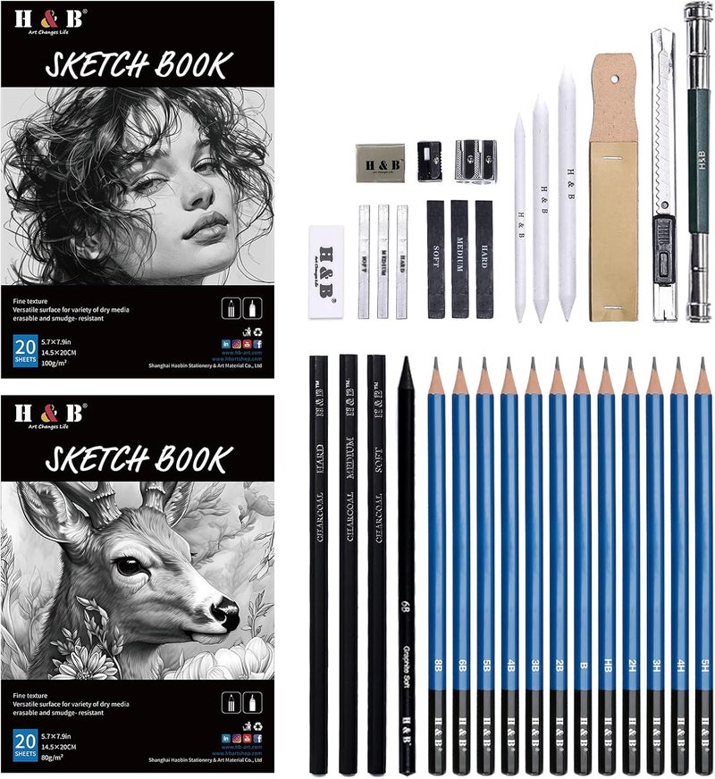 HB 36 Pack Drawing Set Sketch Kit,Sketching Supplies with 2 sketch pad, Graphite Pencils, Charcoal Sticks, Eraser, Pro Art Drawing Kit for Artists Beginner Adults, Ideal for Shading, Blending - Image 3