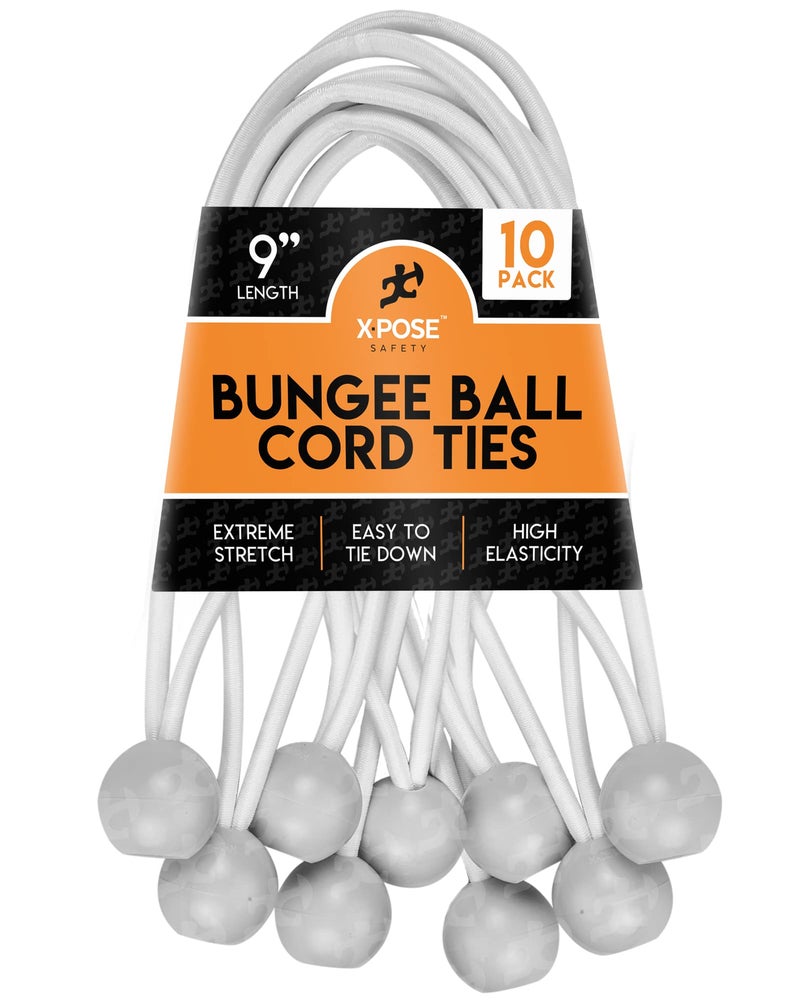 Xpose Safety Bungee Ball Cords 9 10 Pack Heavy Duty White Stretch Rope with Ball Ties for Canopies Tarps Walls Cable Organization