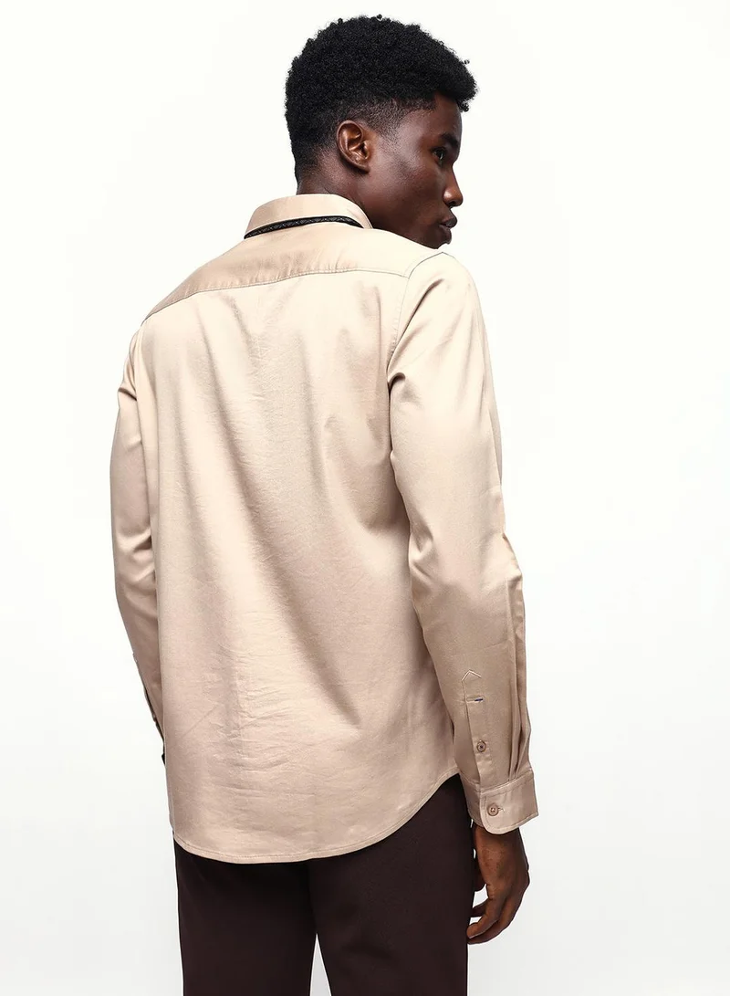 Dennis Lingo Men's Beige Cotton Blend Casual Button Down Regular Fit Shirt