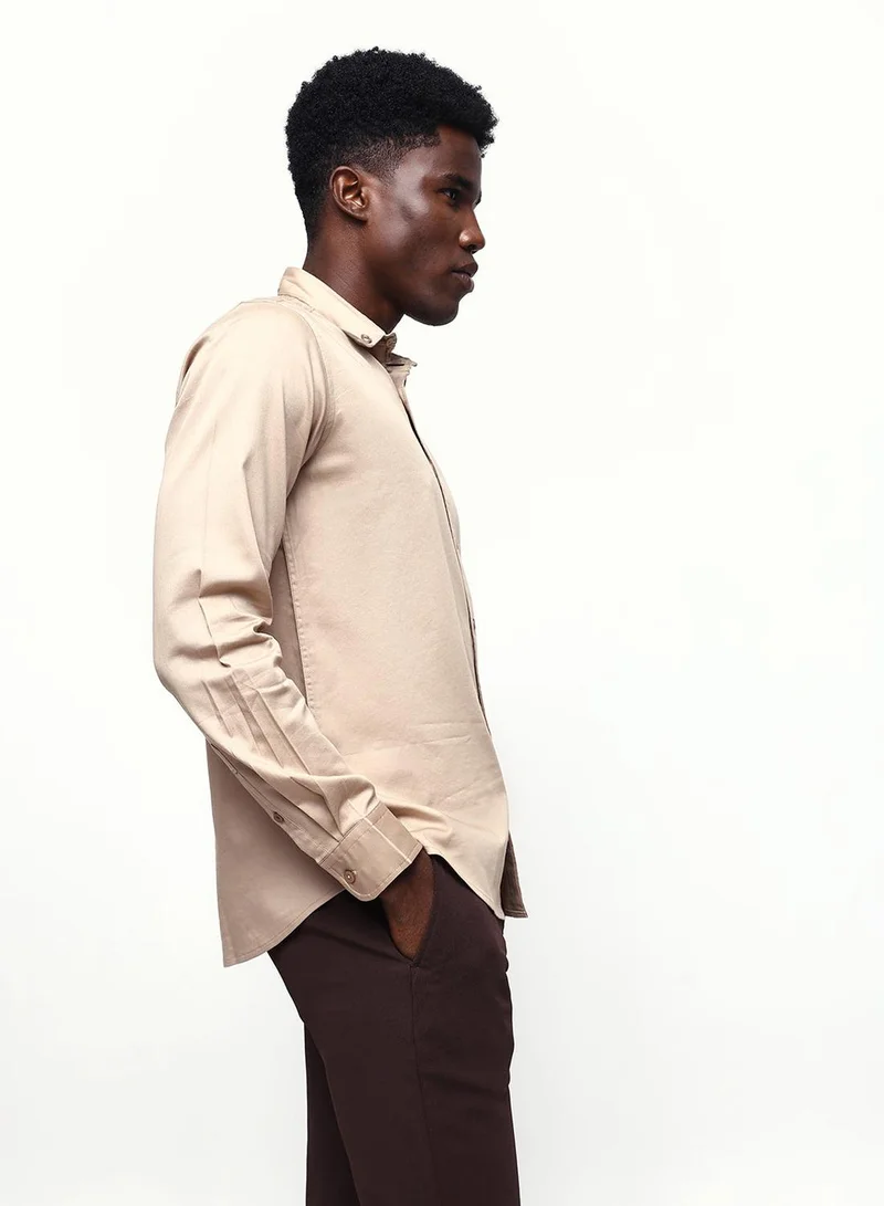 Dennis Lingo Men's Beige Cotton Blend Casual Button Down Regular Fit Shirt
