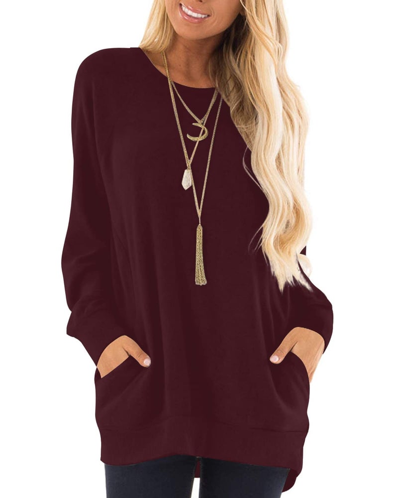 KUOTAI Tunic Tops for Women Long Sleeve Blouses Casual Crew Neck TShirts with PocketWine Red XLarge