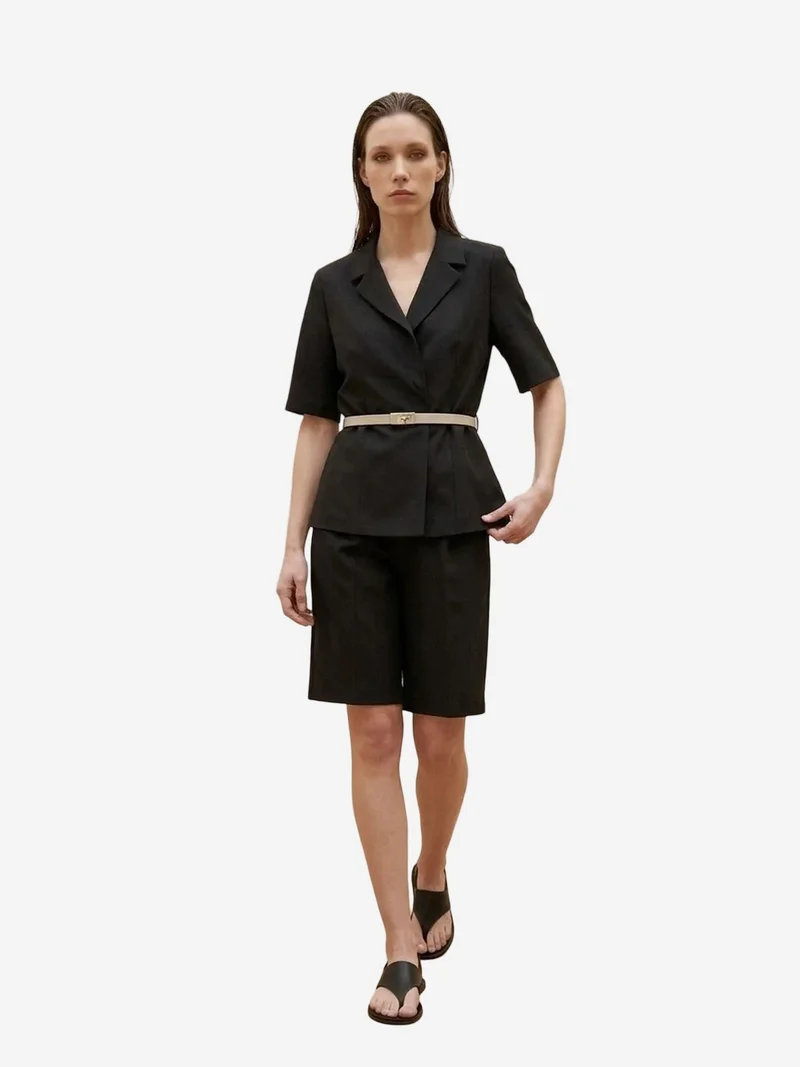 MY FASHION MY FASHION Belted Short Jacket and Wide-Leg Trousers Set