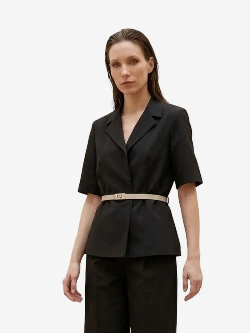 MY FASHION MY FASHION Belted Short Jacket and Wide-Leg Trousers Set