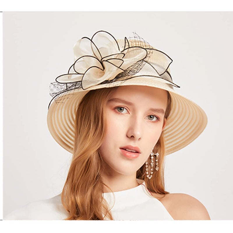 KORADI Women Organza Sun Hat Fascinators Bucket Bowler Hat for Tea Party Bridal Wedding Church Dress Hat Wide Brim Sun Cap(Beige) - Image 5