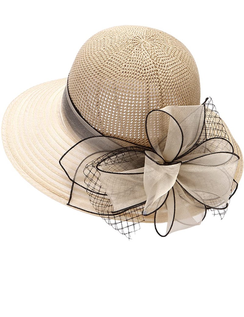KORADI Women Organza Sun Hat Fascinators Bucket Bowler Hat for Tea Party Bridal Wedding Church Dress Hat Wide Brim Sun Cap(Beige) - Image 1