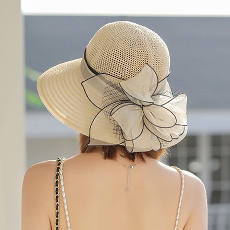 KORADI Women Organza Sun Hat Fascinators Bucket Bowler Hat for Tea Party Bridal Wedding Church Dress Hat Wide Brim Sun Cap(Beige) - Image 3