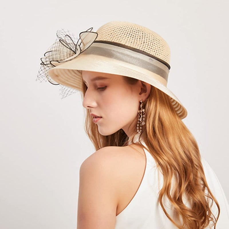 KORADI Women Organza Sun Hat Fascinators Bucket Bowler Hat for Tea Party Bridal Wedding Church Dress Hat Wide Brim Sun Cap(Beige) - Image 4