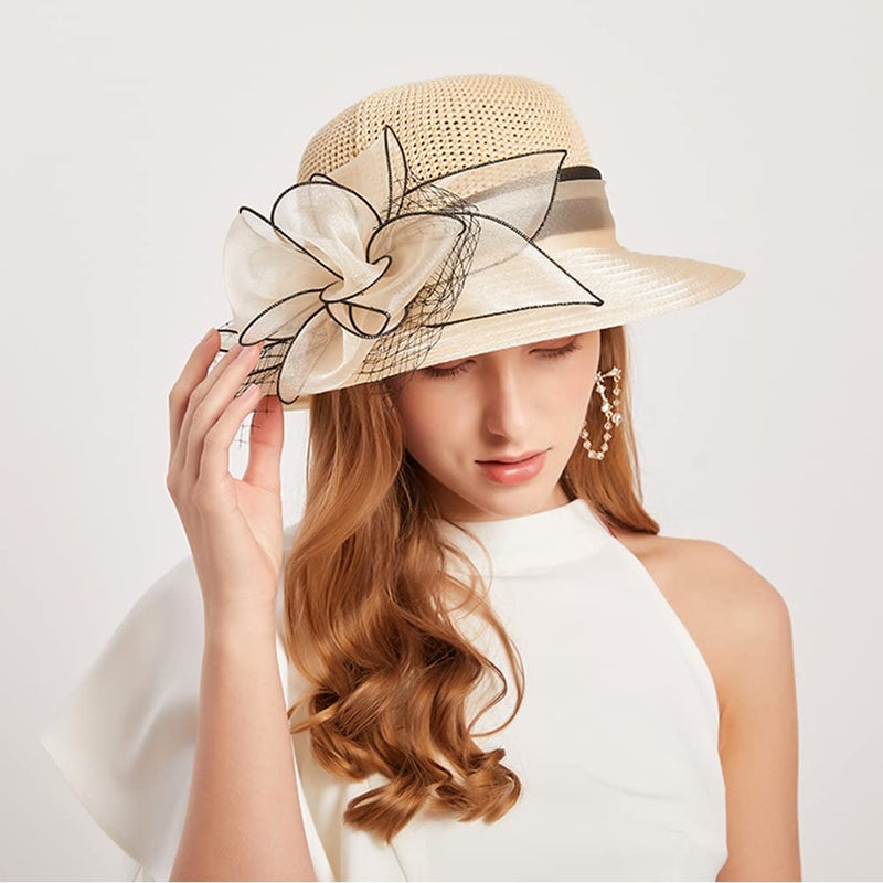 KORADI Women Organza Sun Hat Fascinators Bucket Bowler Hat for Tea Party Bridal Wedding Church Dress Hat Wide Brim Sun Cap(Beige) - Image 2