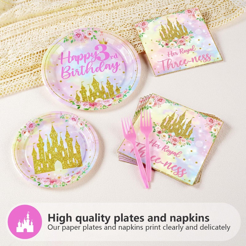 Grencian 96 Pcs Princess 3rd Birthday Party Supplies Her Royal Threeness Party Plates and Napkins Watercolor Pastel Rainbow Castle Party Decorations for Girls Princess Three Years old Birthday Party Serves 24 - Image 3