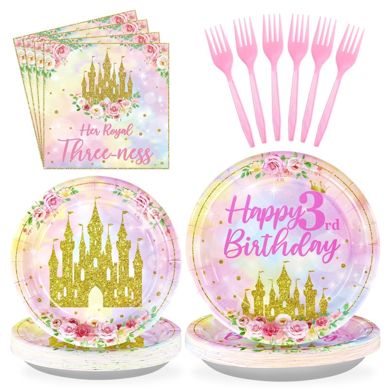 Grencian 96 Pcs Princess 3rd Birthday Party Supplies Her Royal Threeness Party Plates and Napkins Watercolor Pastel Rainbow Castle Party Decorations for Girls Princess Three Years old Birthday Party Serves 24 - Image 1
