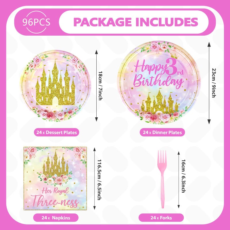 Grencian 96 Pcs Princess 3rd Birthday Party Supplies Her Royal Threeness Party Plates and Napkins Watercolor Pastel Rainbow Castle Party Decorations for Girls Princess Three Years old Birthday Party Serves 24 - Image 2