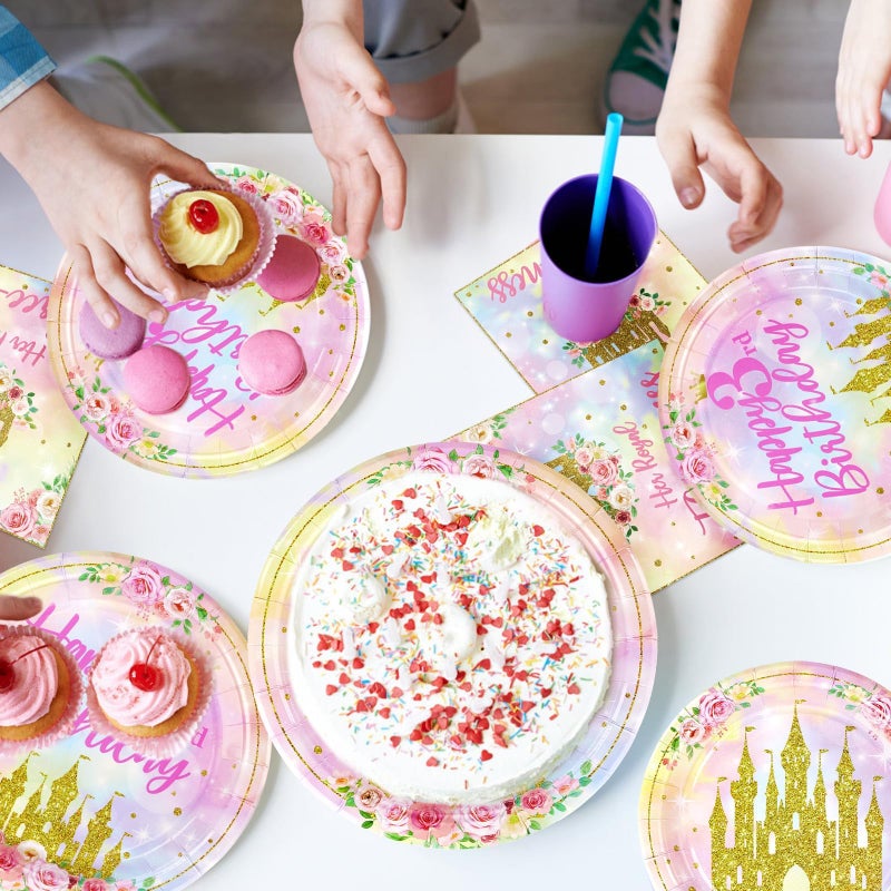 Grencian 96 Pcs Princess 3rd Birthday Party Supplies Her Royal Threeness Party Plates and Napkins Watercolor Pastel Rainbow Castle Party Decorations for Girls Princess Three Years old Birthday Party Serves 24 - Image 5