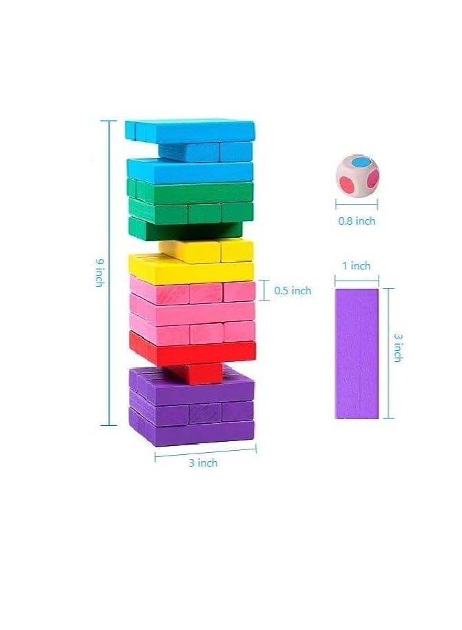 مكعبات بناء خشبية ملونة قابلة للتكديس، 48 قطعة من المكعبات مع مكعبات تحدي برج النرد للأطفال والكبار - Image 3