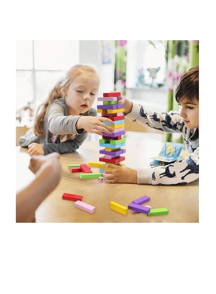 مكعبات بناء خشبية ملونة قابلة للتكديس، 48 قطعة من المكعبات مع مكعبات تحدي برج النرد للأطفال والكبار - Image 2