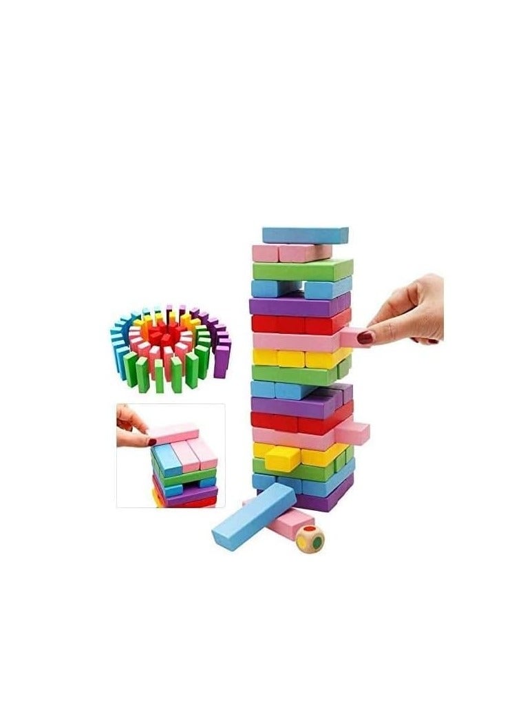 مكعبات بناء خشبية ملونة قابلة للتكديس، 48 قطعة من المكعبات مع مكعبات تحدي برج النرد للأطفال والكبار - Image 4