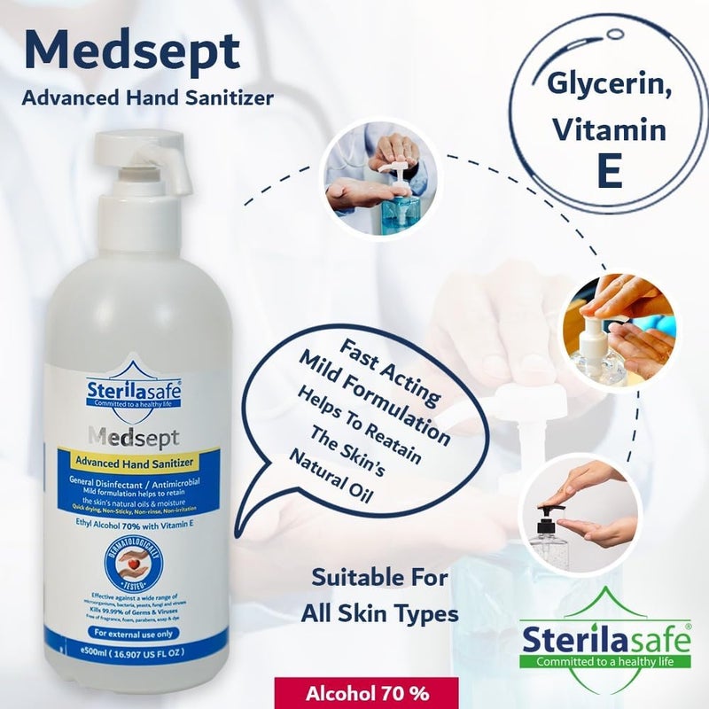 ستريلاسيف معقم اليدين المتقدم MedSept، جل منعش يحتوي على 70% إيثانول كحول، مع فيتامين E، مطهر/مضاد للميكروبات عام، للنظافة الشخصية، 500 مل - Image 1