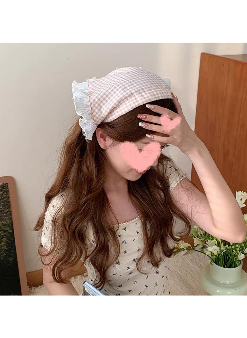 Generic - Boho Headscarf Headband with a classic checkered design, adorned with soft ruffles on the edges to add an attractive feminine touch. Perfect for casual and rustic looks, adding a touch of elegance and softness to any outfit."Purple" - Image 1