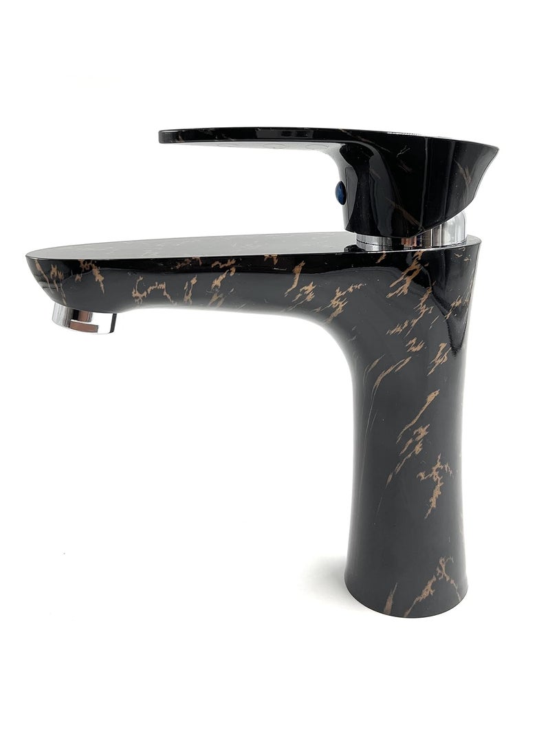 24x7 eMall - 24x7 eMall PVC Basin Mixer Faucet Tap Black Gold Marble Design Hot and Cold Bathroom Tap Short Body - 7 Inches - Image 1