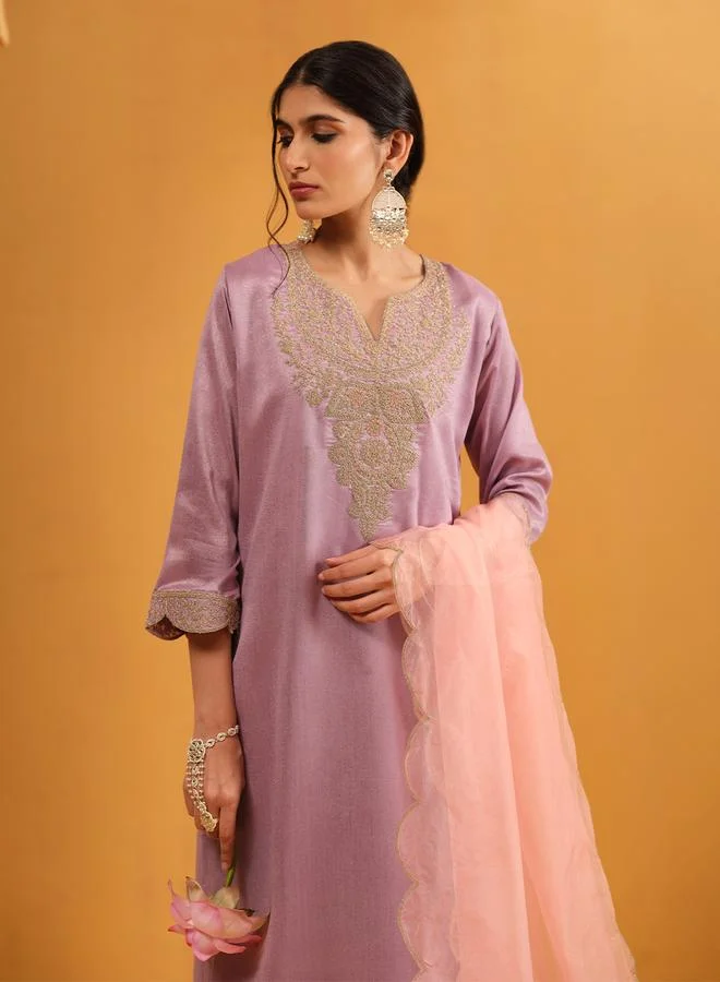 ISHIN Women's Lilac Silk Blend Embellished Tunic Upperwear Calf Length Palazzo Bottomwear Straight Fit 3 Peice Kurta Set