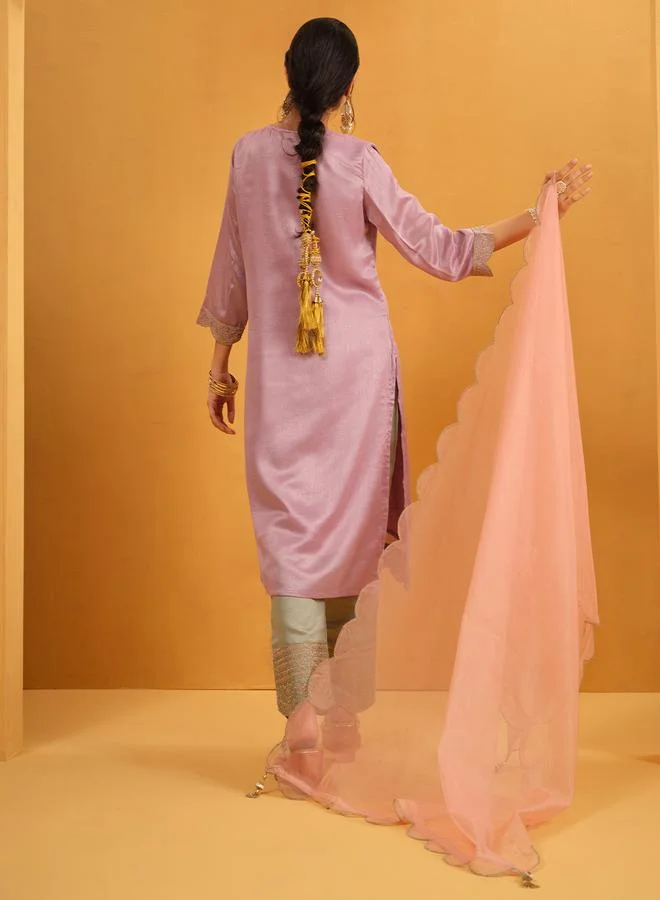 ISHIN Women's Lilac Silk Blend Embellished Tunic Upperwear Calf Length Palazzo Bottomwear Straight Fit 3 Peice Kurta Set