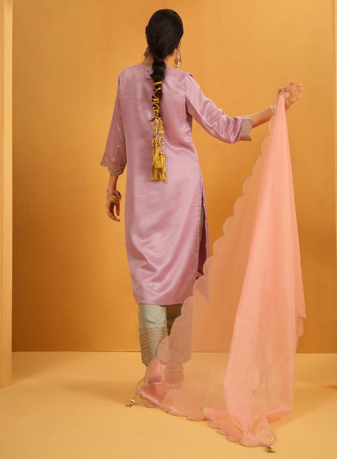 ISHIN Women's Lilac Silk Blend Embellished Tunic Upperwear Calf Length Palazzo Bottomwear Straight Fit 3 Peice Kurta Set - Image 2