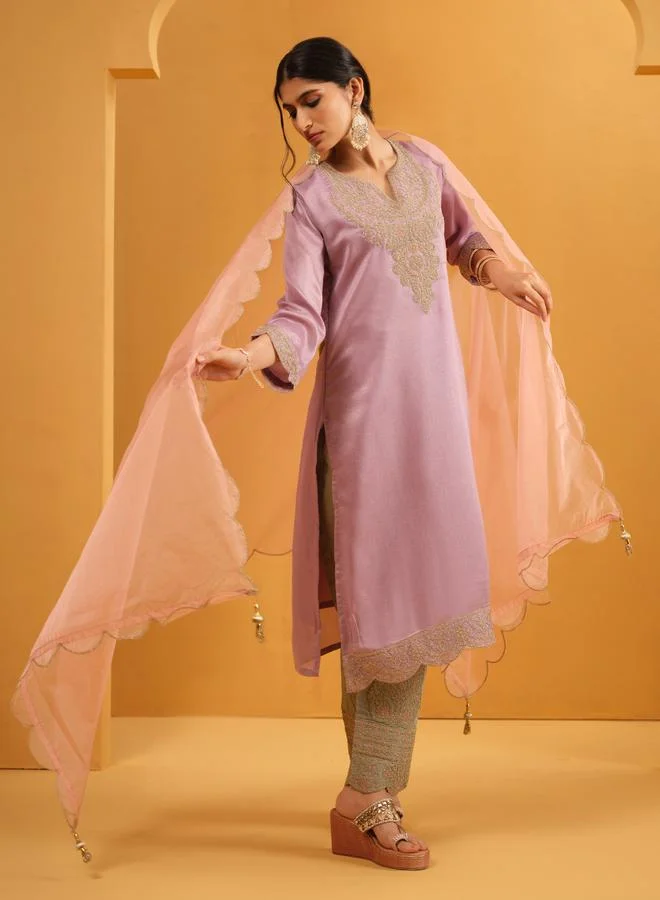 ISHIN Women's Lilac Silk Blend Embellished Tunic Upperwear Calf Length Palazzo Bottomwear Straight Fit 3 Peice Kurta Set