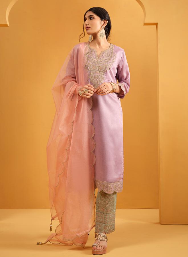 ISHIN Women's Lilac Silk Blend Embellished Tunic Upperwear Calf Length Palazzo Bottomwear Straight Fit 3 Peice Kurta Set - Image 1