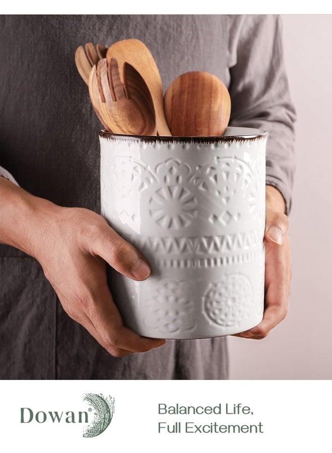 Dowan  Kitchen Utensil Holder, 7.3” Extra Large Farmhouse Utensil Holders For Countertop, White Ceramic Utensil Crock, Anti Slip And Scratch Cork Bottom, Utensil Holder For Kitchen Counter  - Image 4