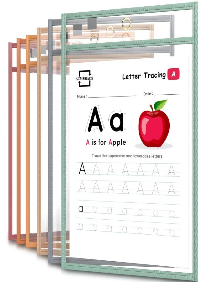 Scribbledo Dry Erase Pockets, 6 Pack Reusable Boho Color Dry Erase Sleeves with Marker Holder Colorful Dry Erase Pocket Sleeves for School Classroom Bohemian Colors Sheet Protectors Ticket Holders - Image 1