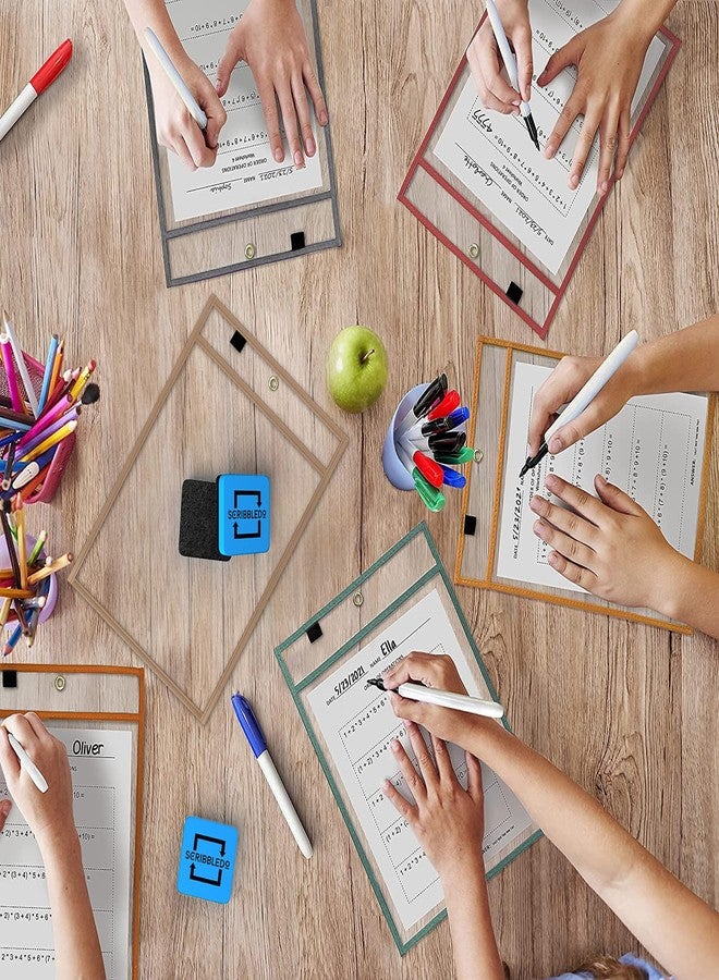 Scribbledo Dry Erase Pockets, 6 Pack Reusable Boho Color Dry Erase Sleeves with Marker Holder Colorful Dry Erase Pocket Sleeves for School Classroom Bohemian Colors Sheet Protectors Ticket Holders - Image 5