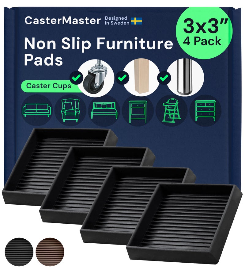 CasterMaster Non-Slip Furniture Pads Square Rubber Anti-Skid Caster Cups, Anti-Sliding Floor Protectors for Furniture (Black, 3'' x 3'' (Pack of 4)) - Image 1