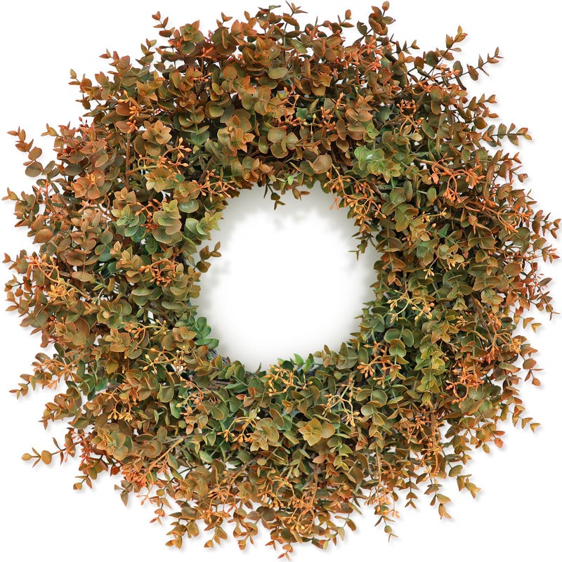 26 Fall Wreath for Front Door  Large Artificial Eucalyptus Leaves with Orange Seeds Outdoor Wreath for Porch WindowFarmhouseHomeThanksgiving Day Harvest Festival Autumn Decor