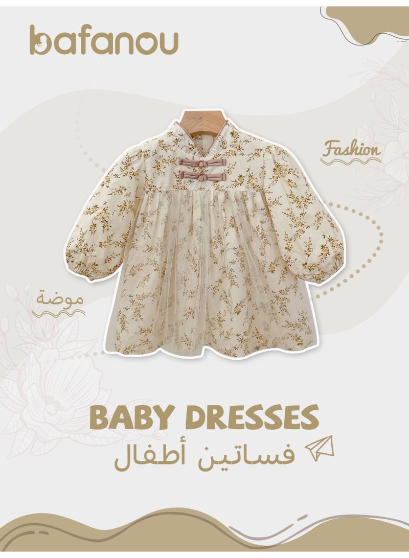 Bafanou Autumn Infant Children Girls Baby Standing Collar Flower Printed Mesh Long Sleeve Skirt Dresses  - Image 1