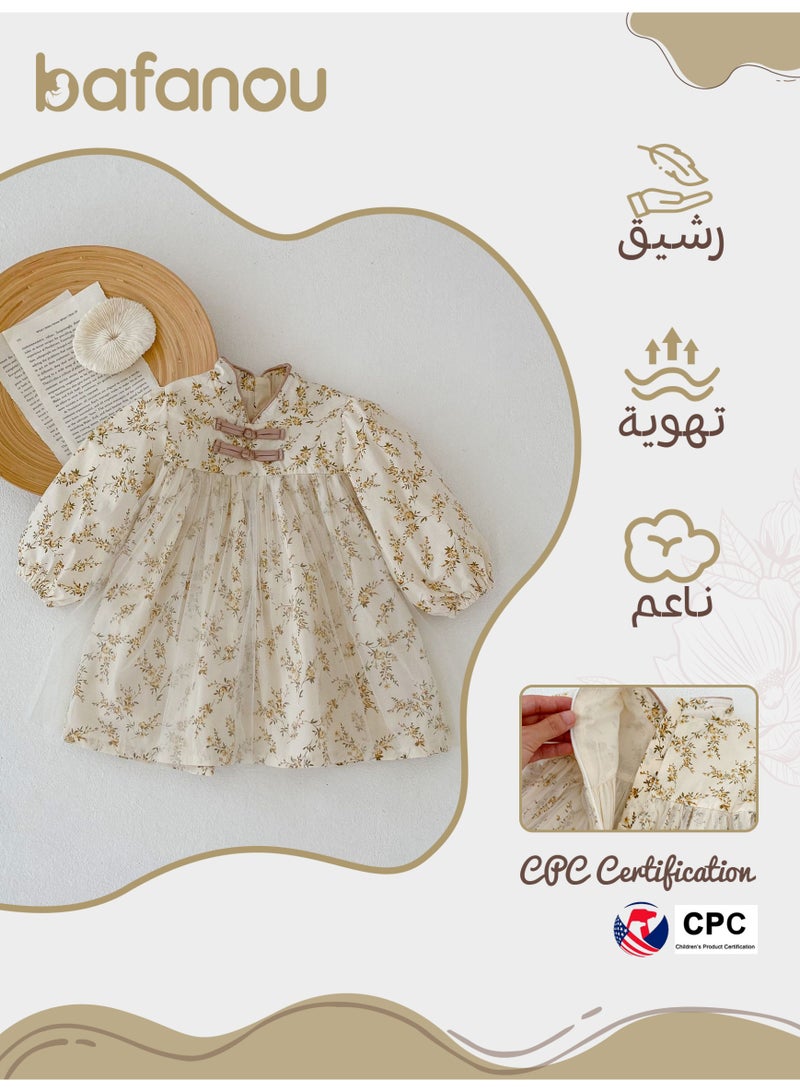 Bafanou Autumn Infant Children Girls Baby Standing Collar Flower Printed Mesh Long Sleeve Skirt Dresses  - Image 2