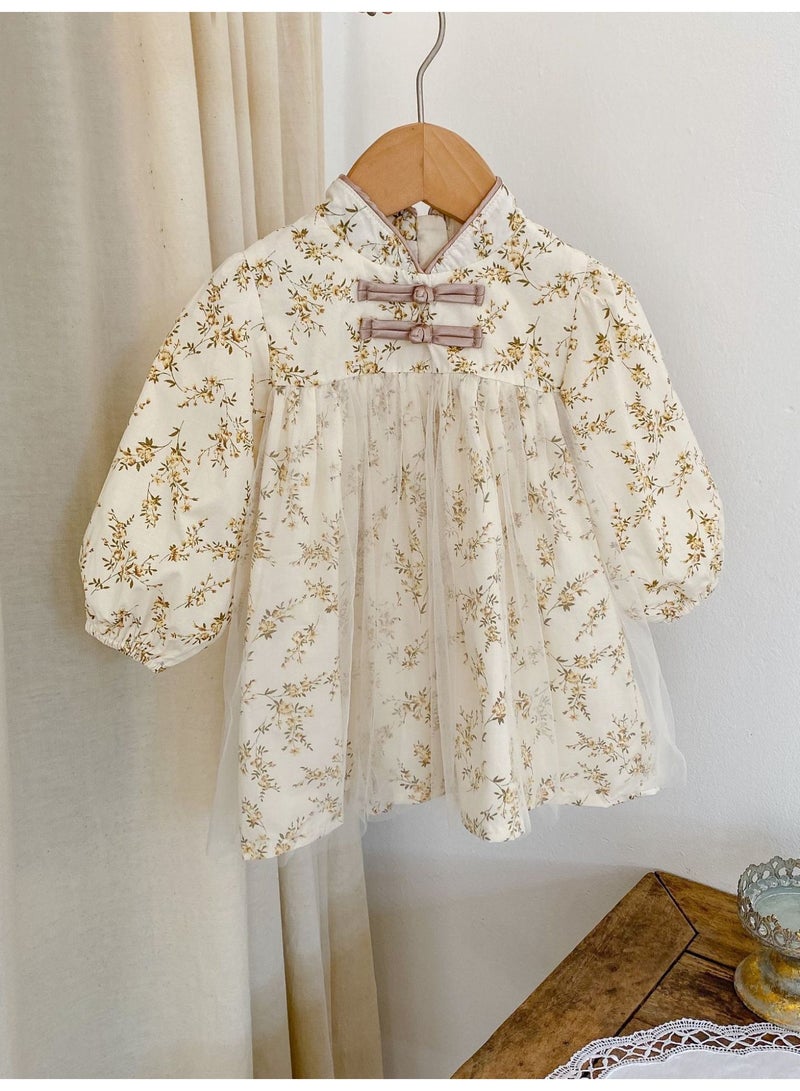 Bafanou Autumn Infant Children Girls Baby Standing Collar Flower Printed Mesh Long Sleeve Skirt Dresses  - Image 5