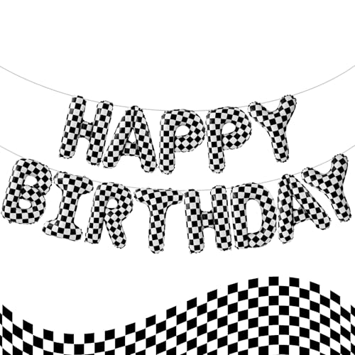 AXBMM Racing Cars Themed Happy Birthday Banner Party Decorations Kit with Racing Cars Balloons Checkered Backdrop Supplies for Boys Kids Indoor Outdoor Celebration Themed Party Essentials Car BlackWhite - Image 1