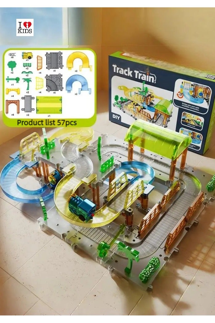 I LOVE KIDS 57 PCS Electric Rail Train Playset - DIY Splicing Railway Train Toys for Kids, Assemble City Map Scene Construction,Versatile Sssembly Electric Puzzle Track Car,Present Toys For Boys - Image 1