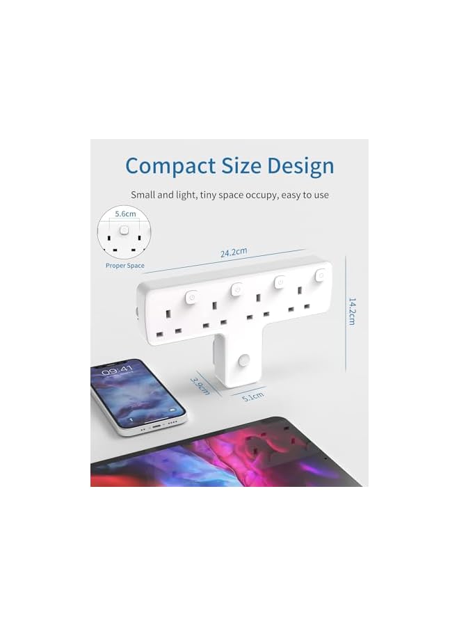promass Multi Plug Adaptor, 4 Way Extension with Independent Switches, UK Built-in Surge Protector, 4 in 1 Wall Socket Extender with 180 Degree Rotation Button - Image 4