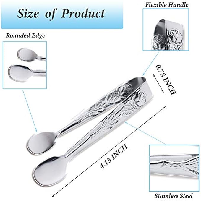Sunenlyst 3Pcs Mini Serving Tongs 4Inch Rose Stainless Steel Sugar Cube Tongs Sliver Small Ice Tongs For Tea And Coffee Party Appetizers Desserts Silver - Image 3