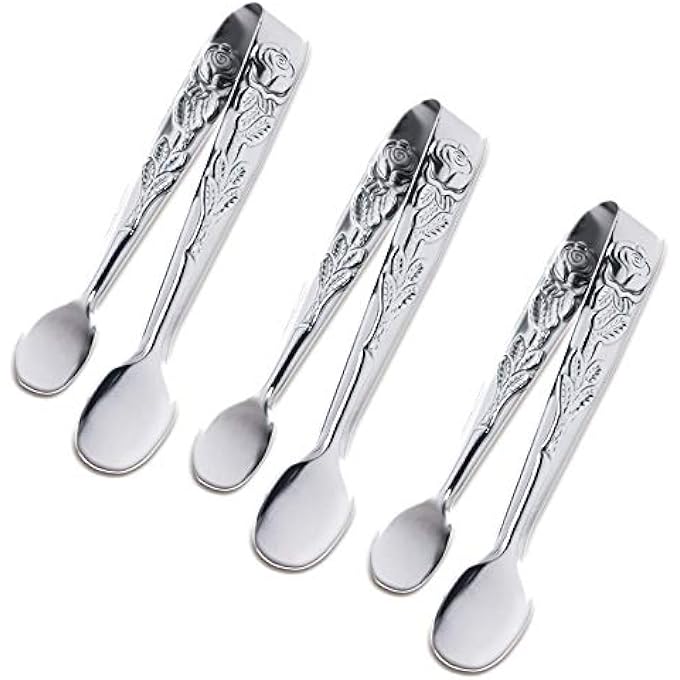 Sunenlyst 3Pcs Mini Serving Tongs 4Inch Rose Stainless Steel Sugar Cube Tongs Sliver Small Ice Tongs For Tea And Coffee Party Appetizers Desserts Silver - Image 1
