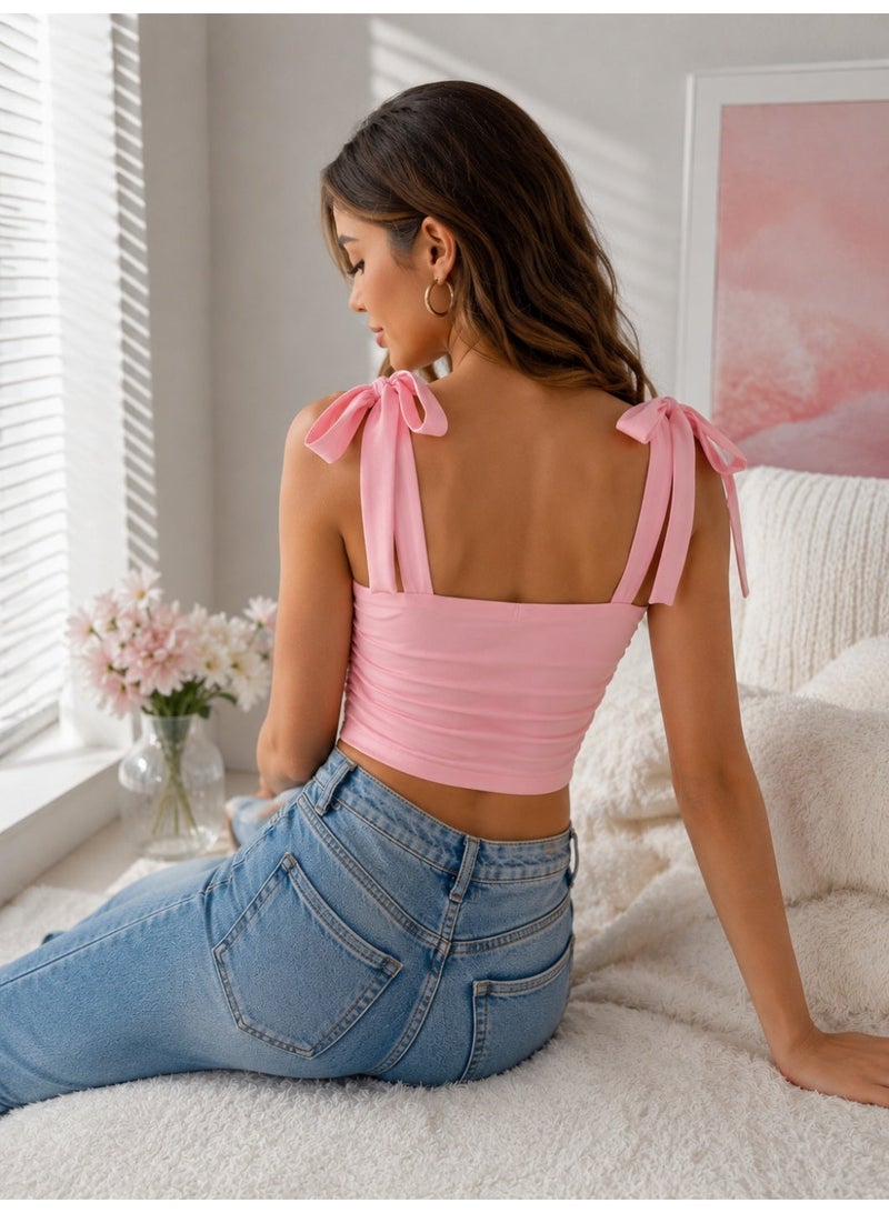 Women Pink Tie Shoulder Crop Top with Bow Straps Code 4087 - Image 2