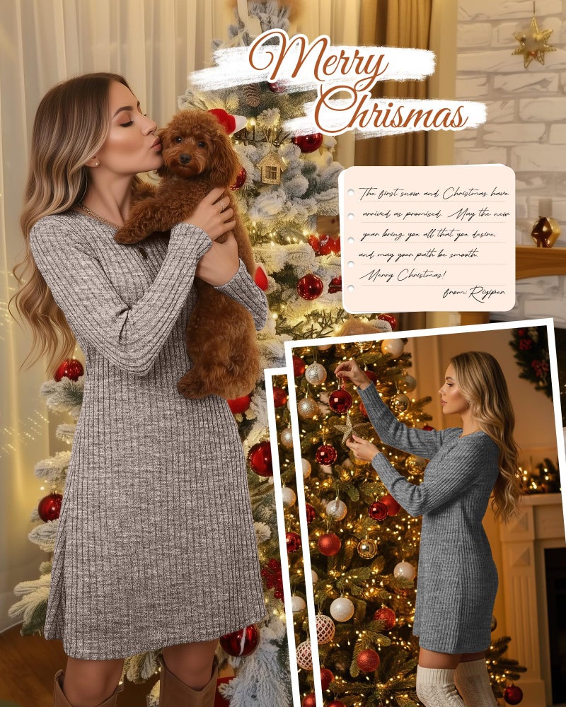 Riyiper 3 Pack Women's Long Sleeve Dresses, Loose Fitting Knit Sweater Tunic Crew Neck Causal Fall Winter Dresses (Black, Dark Gray, Light Coffee, Small) - Image 3
