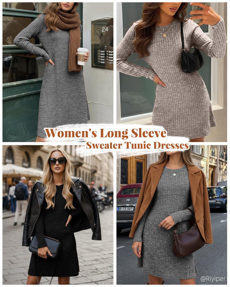 Riyiper 3 Pack Women's Long Sleeve Dresses, Loose Fitting Knit Sweater Tunic Crew Neck Causal Fall Winter Dresses (Black, Dark Gray, Light Coffee, Small) - Image 2