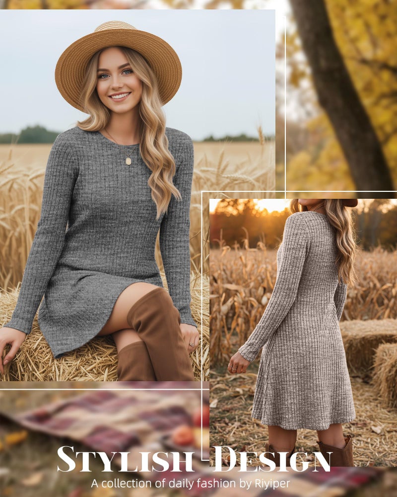 Riyiper 3 Pack Women's Long Sleeve Dresses, Loose Fitting Knit Sweater Tunic Crew Neck Causal Fall Winter Dresses (Black, Dark Gray, Light Coffee, Small) - Image 5