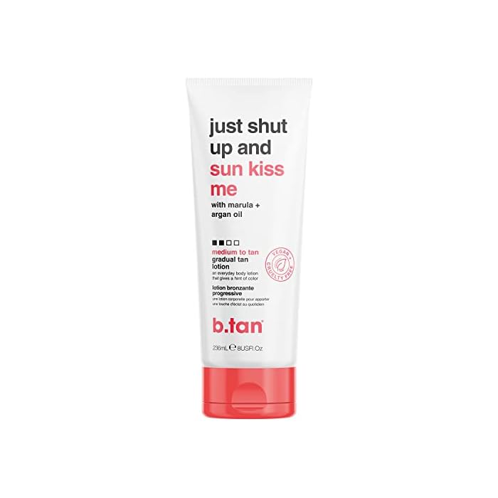 b.tan Medium Gradual Self Tanning Lotion | Just Shut Up and Sun Kiss Me Everyday Glow Lotion - Develop a Bronzed Glow, Infused With Marula + Argan Oil, Vegan, Cruelty & Paraben Free, 236ml