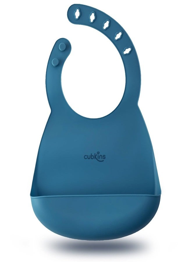 CUBKINS Soft Silicone Baby Bib for Feeding & Weaning Babies, Toddlers | Washable & Reusable, Non-Messy Easy to Clean, No Bad Odour, Adjustable Neck Bank with Buttons (Blue Olive) - Image 1
