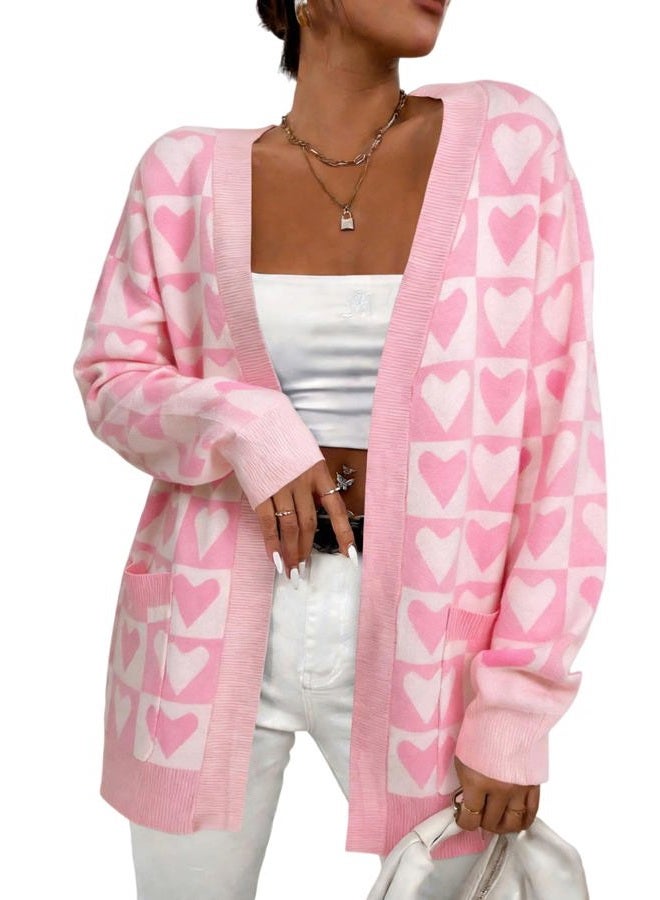 QLIPIN Heart Cardigan Valentines Sweater Women: Valentine Cardigan Love Print Open Front Knit Sweaters Outwear with Pockets, C Light Pink & White Plaid, S - Image 1
